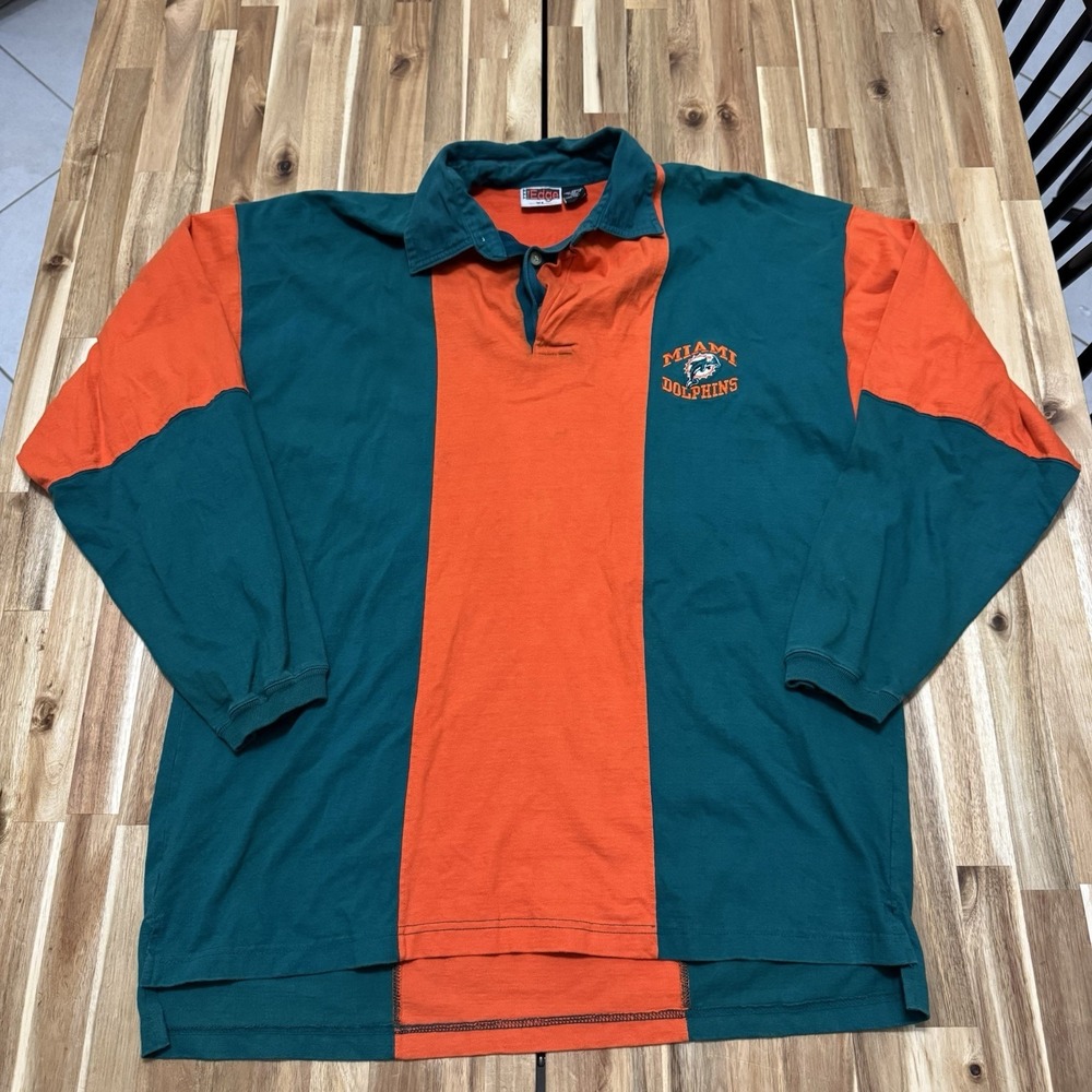 Vintage Miami Dolphins Rugby Shirt Mens XL Long Sleeve Green Orange NFL 90s Edge